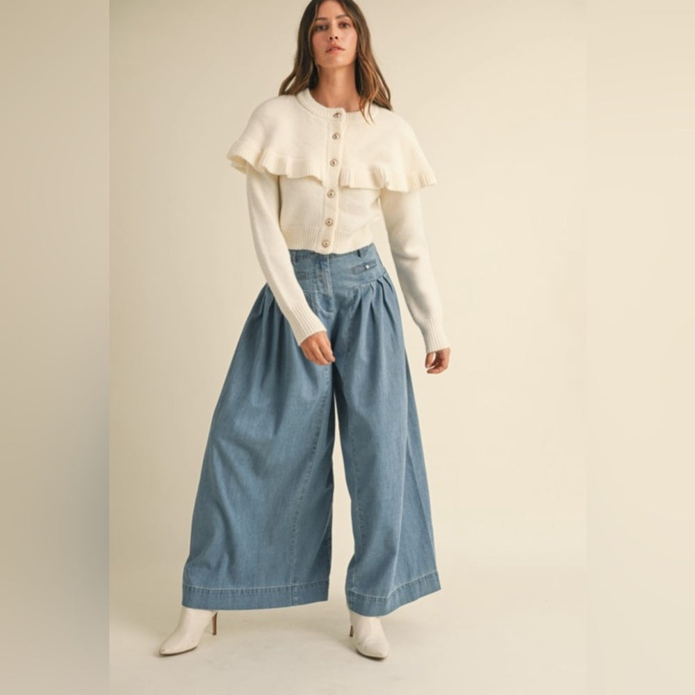 DENIM PLEATED WIDE LEG PANTS