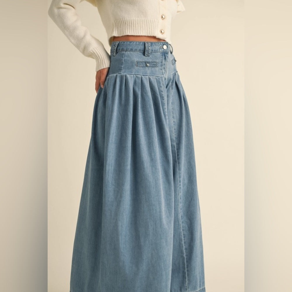 DENIM PLEATED WIDE LEG PANTS