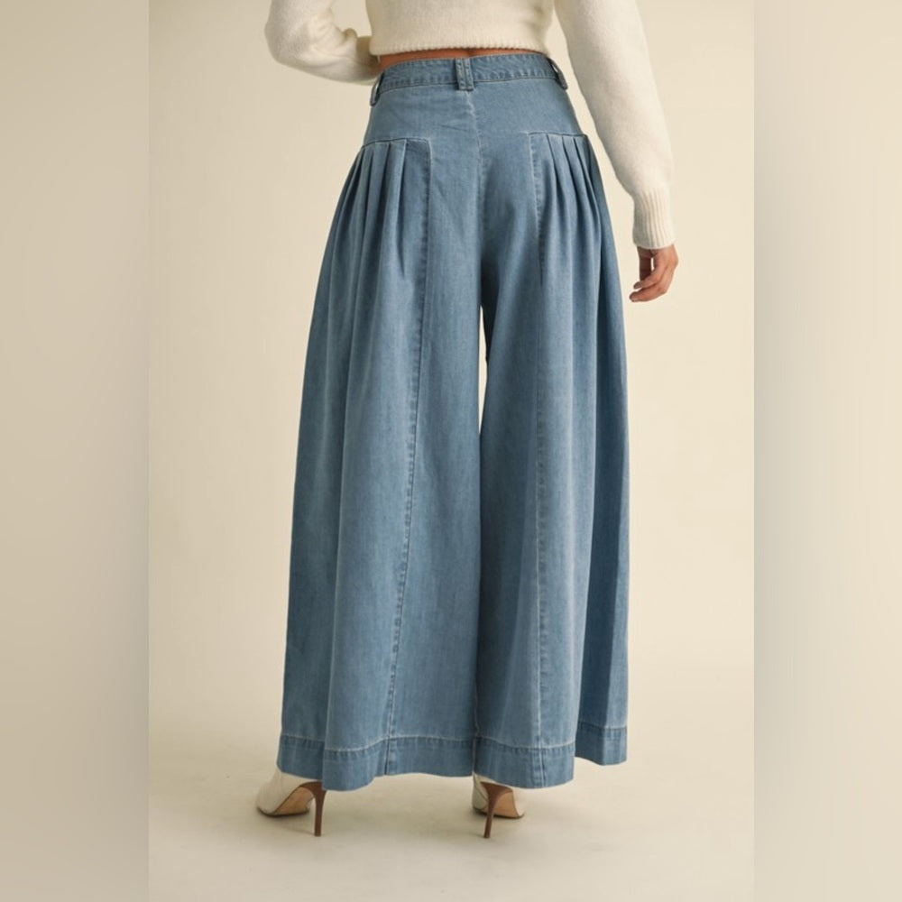 DENIM PLEATED WIDE LEG PANTS