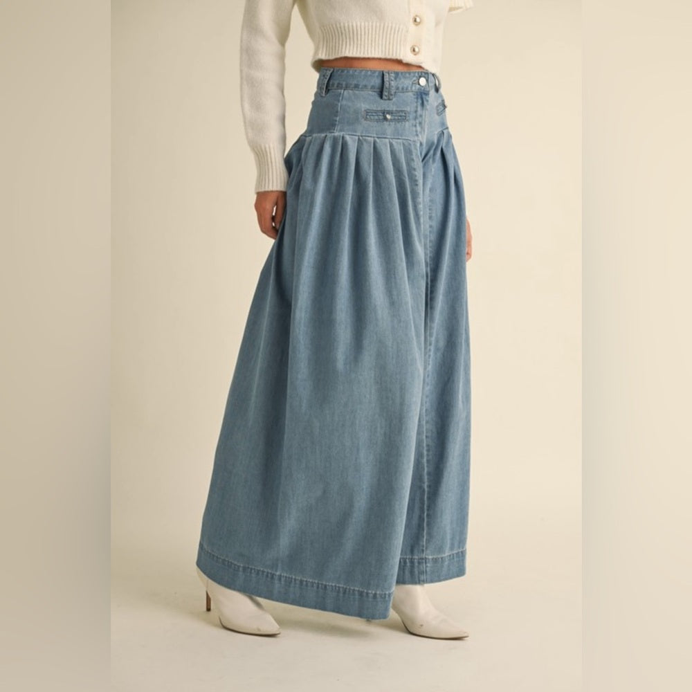 DENIM PLEATED WIDE LEG PANTS