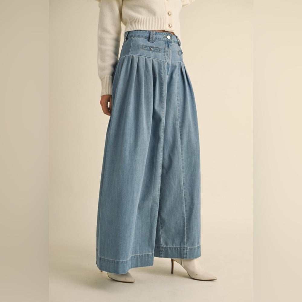 DENIM PLEATED WIDE LEG PANTS