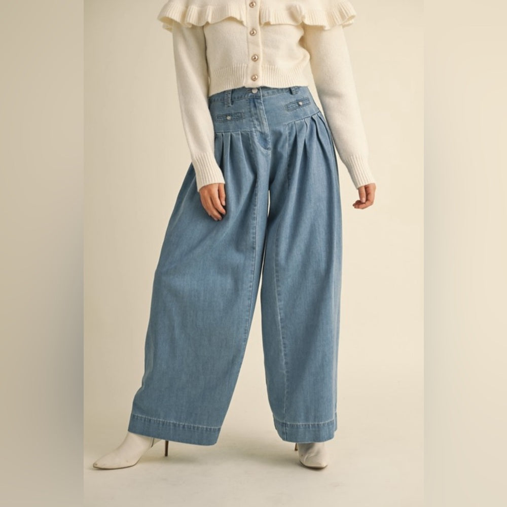 DENIM PLEATED WIDE LEG PANTS