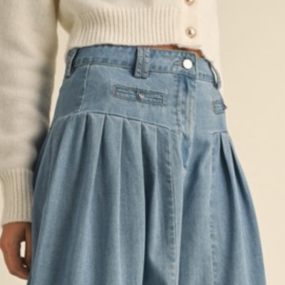 DENIM PLEATED WIDE LEG PANTS