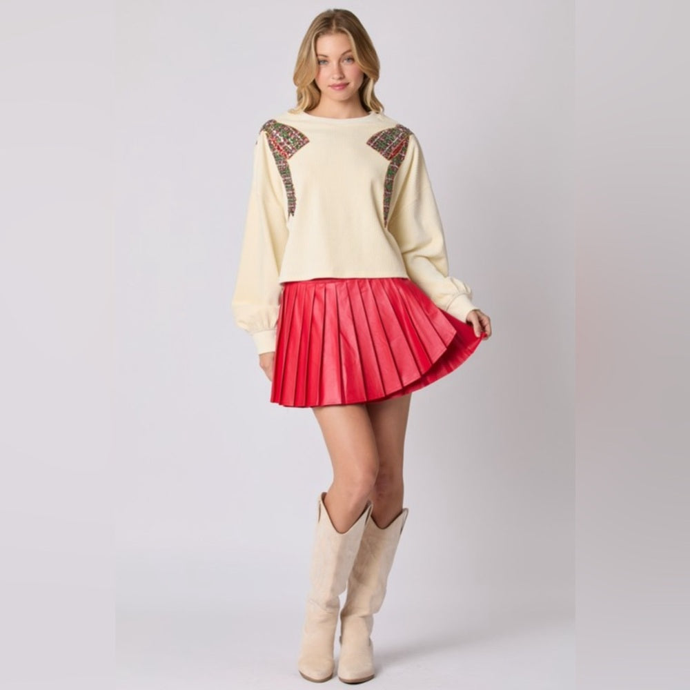 PLEATED RED SKIRT- faux leather, built-in shorts!