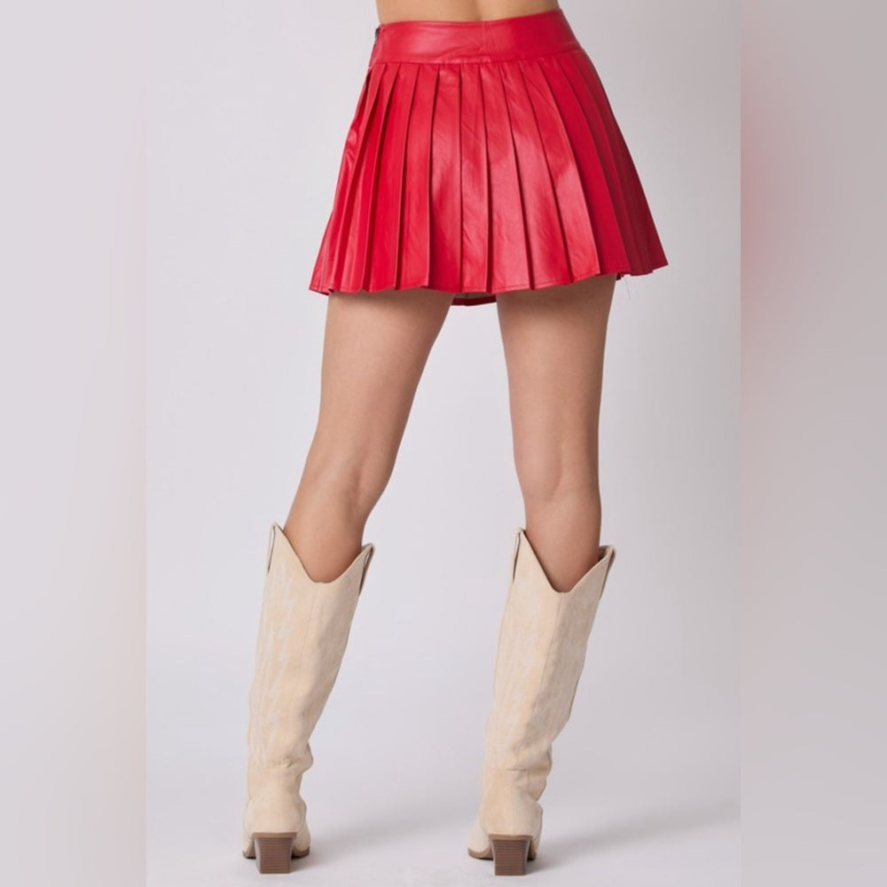 PLEATED RED SKIRT- faux leather, built-in shorts!