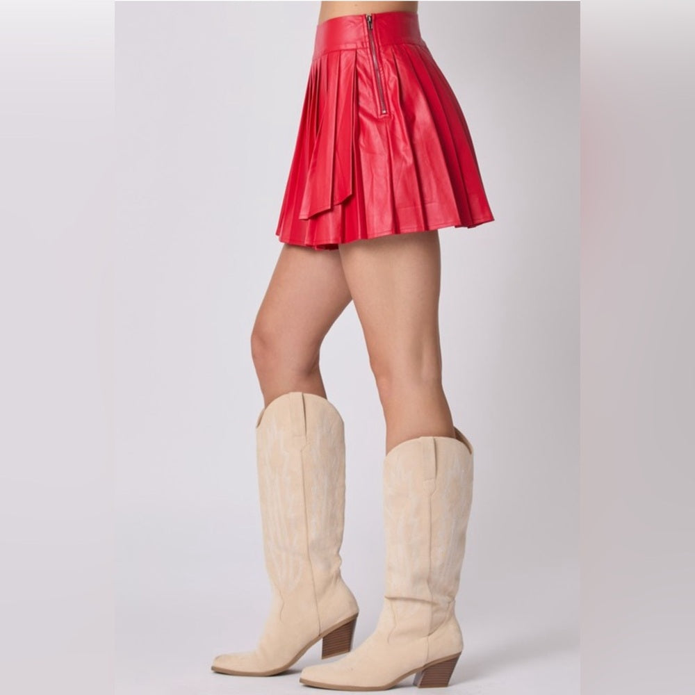 PLEATED RED SKIRT- faux leather, built-in shorts!