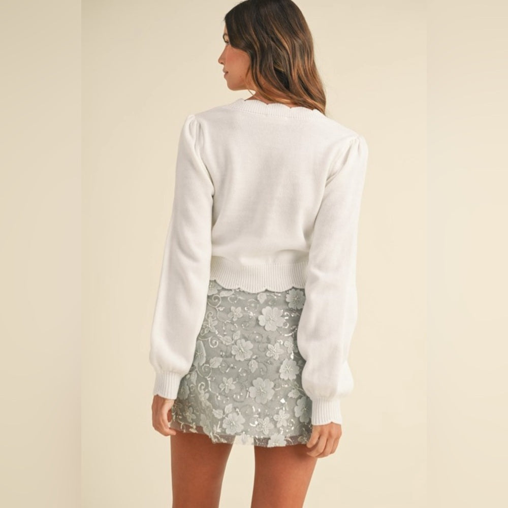 SCALLOPED EDGE SWEATER WITH PEARL BUTTONS