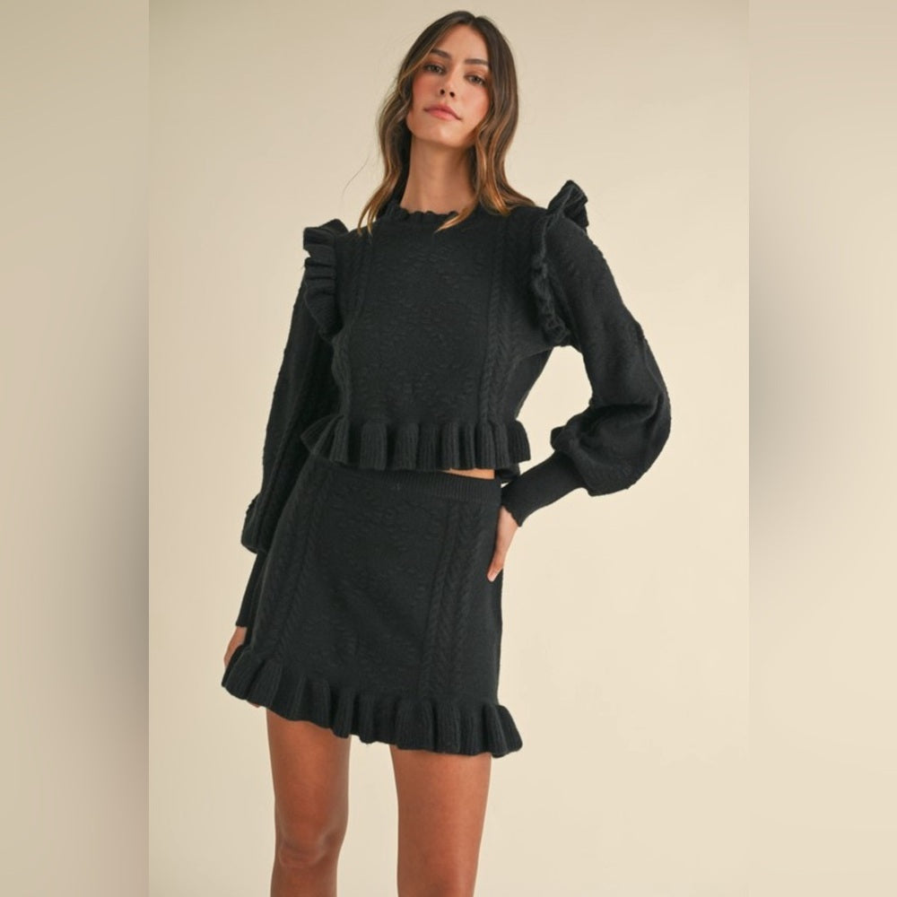 998. RUFFLE KNIT TOP AND SKIRT SET (FLORAL BEIGE)