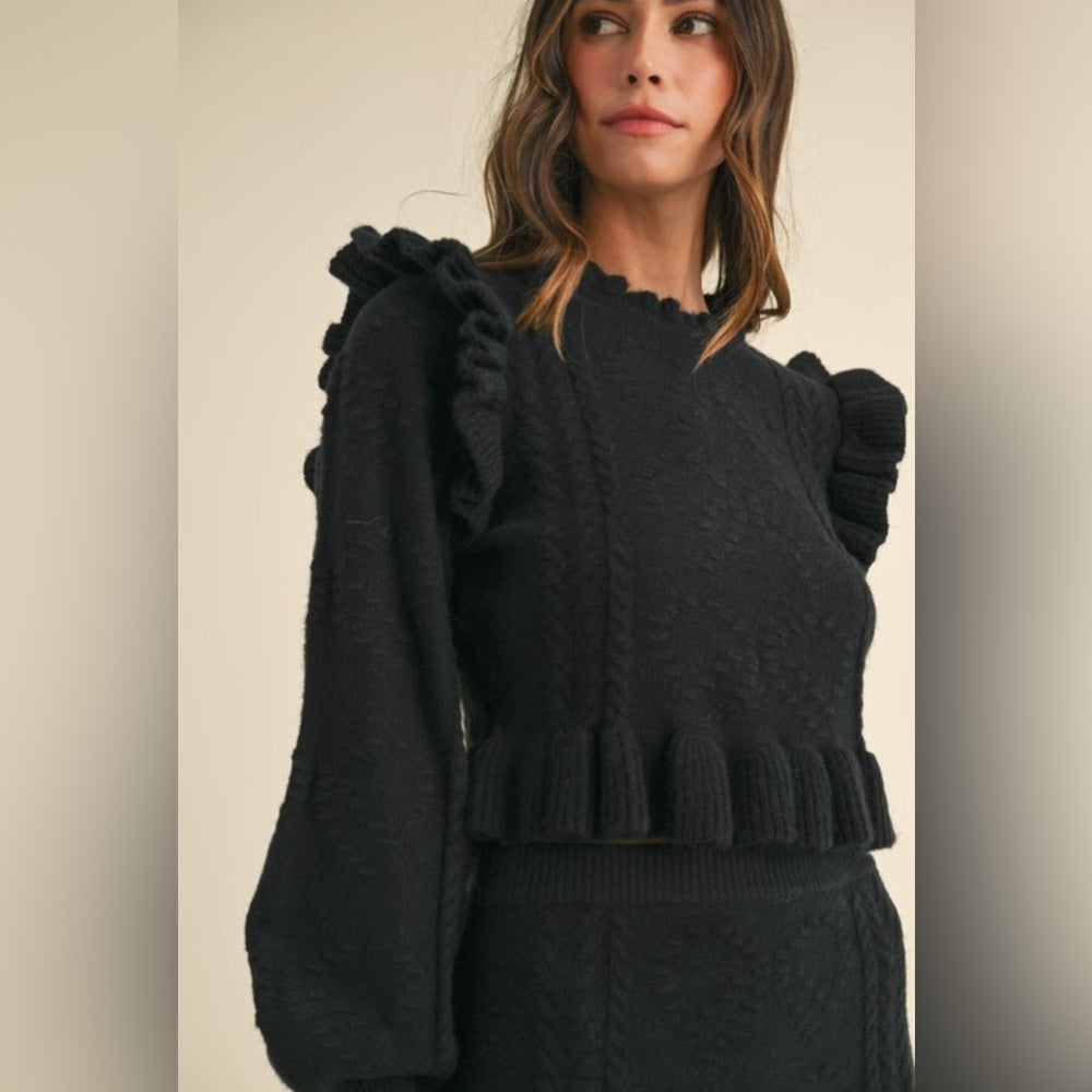 998. RUFFLE KNIT TOP AND SKIRT SET (FLORAL BEIGE)