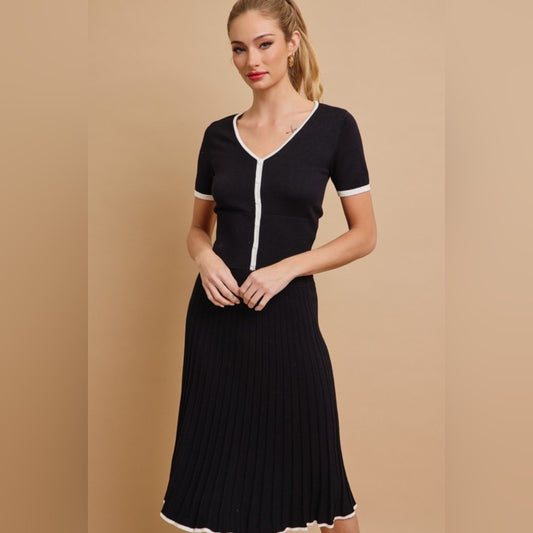 Evelyn Black and White V-Neck Skirt Set