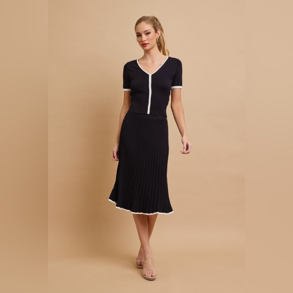 Evelyn Black and White V-Neck Skirt Set