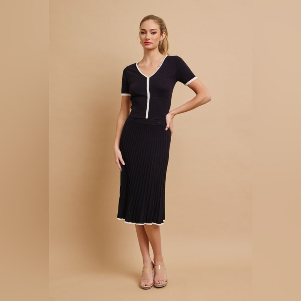 Evelyn Black and White V-Neck Skirt Set
