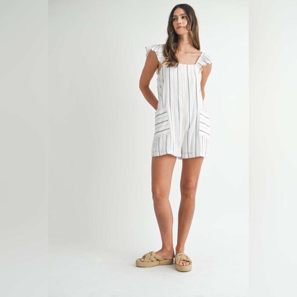Striped Ruffle Sleeve Romper