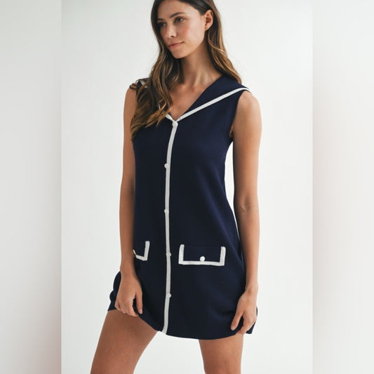 Navy Sleeveless Dress with White Trim