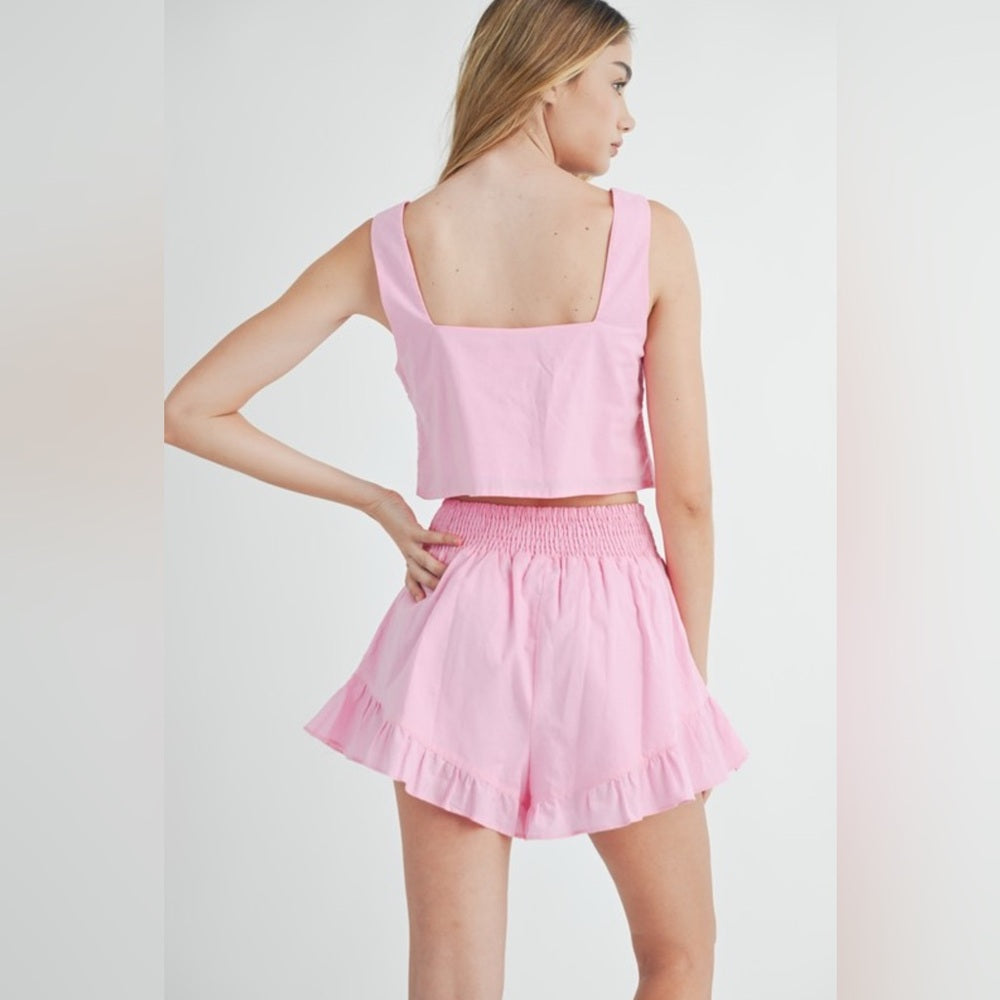 Pink Sleeveless Top and Ruffle Shorts Set