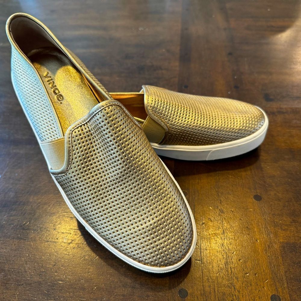 VINCE Blair Perforated Leather Slip-on gold shoe