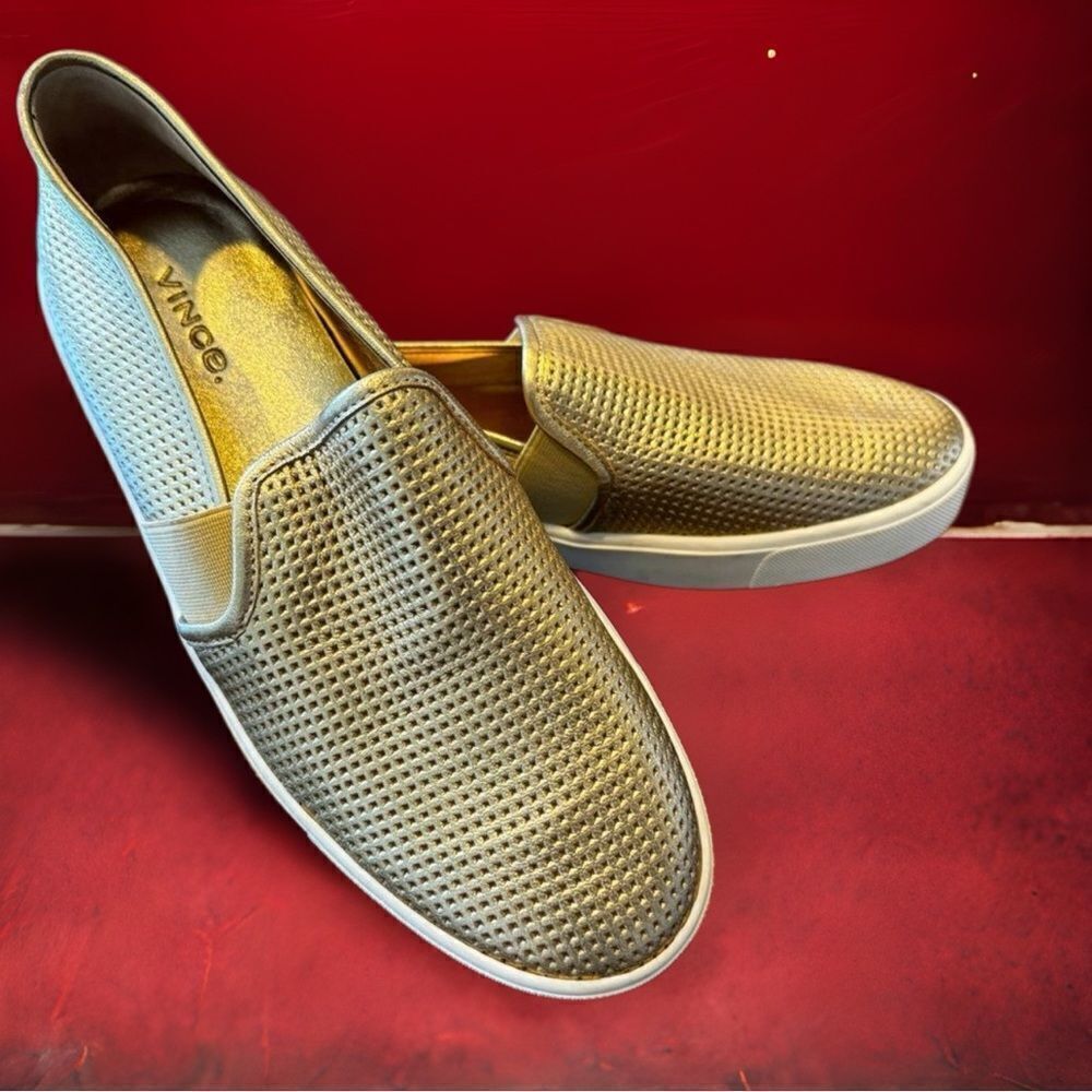 VINCE Blair Perforated Leather Slip-on gold shoe