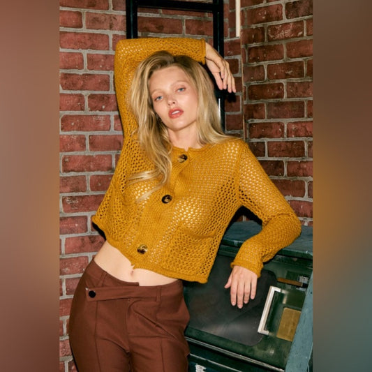 Crochet Mustard Yellow Knit Cardigan