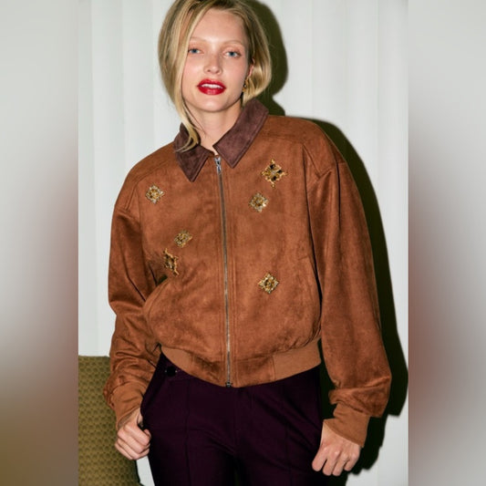 Brown Suede Embellished Jacket