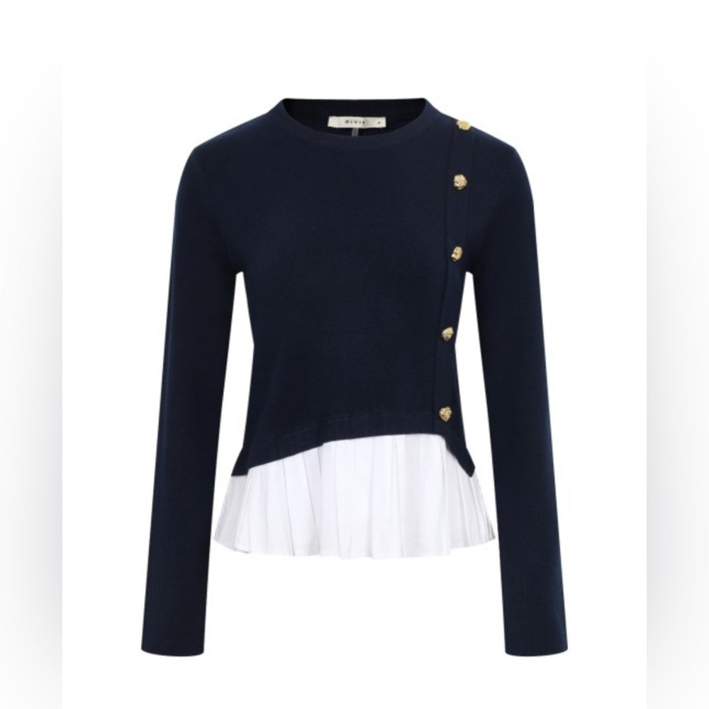 Bella Navy Blue Button Mixed Media Top