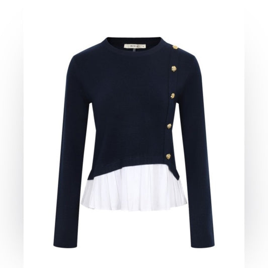Bella Navy Blue Button Mixed Media Top