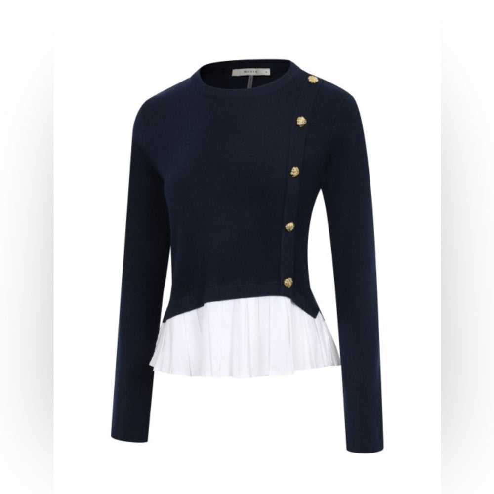 Bella Navy Blue Button Mixed Media Top