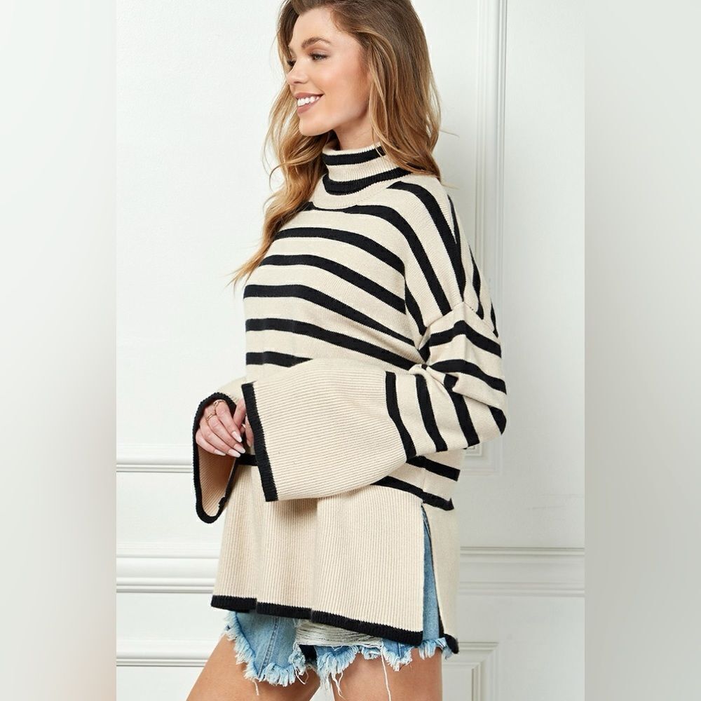 Over Fit Stripe Sweater in Ivory Mix