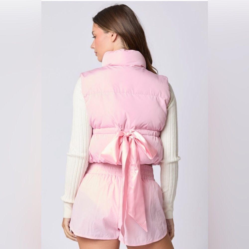 PINK PUFFER VEST WITH SATIN BOW